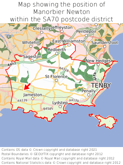 Map showing location of Manorbier Newton within SA70