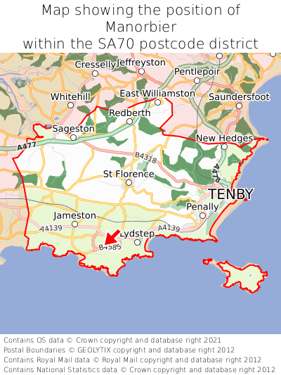 Map showing location of Manorbier within SA70