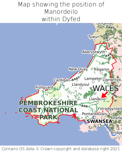 Map showing location of Manordeilo within Dyfed