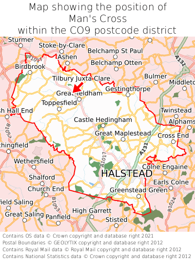 Map showing location of Man's Cross within CO9