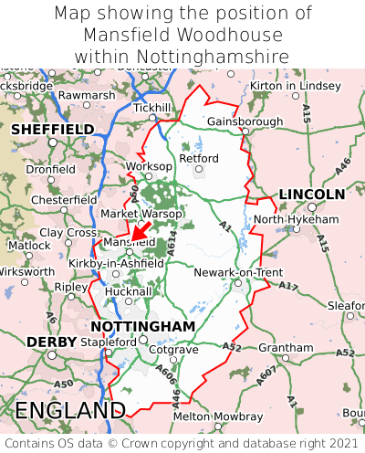 Map showing location of Mansfield Woodhouse within Nottinghamshire