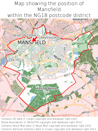 Map showing location of Mansfield within NG18