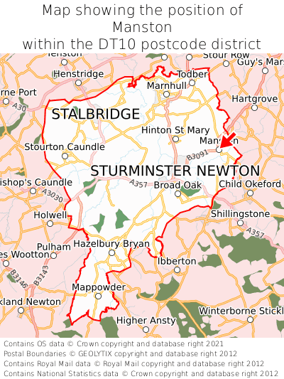 Map showing location of Manston within DT10