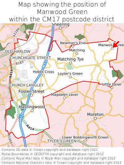 Map showing location of Manwood Green within CM17