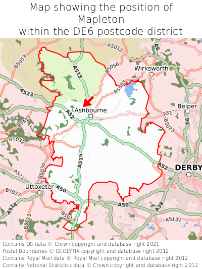 Map showing location of Mapleton within DE6