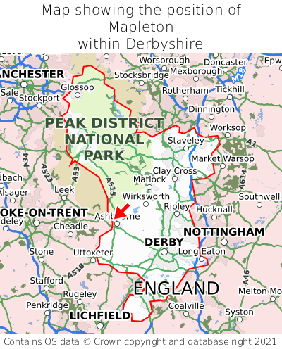 Map showing location of Mapleton within Derbyshire