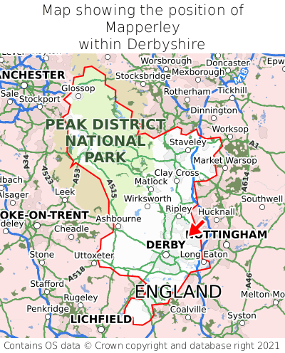 Map showing location of Mapperley within Derbyshire