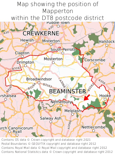 Map showing location of Mapperton within DT8