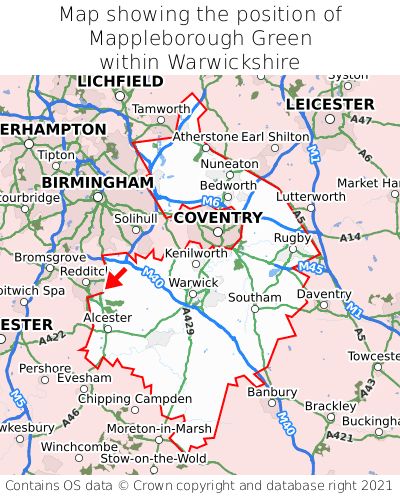 Map showing location of Mappleborough Green within Warwickshire