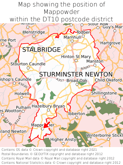 Map showing location of Mappowder within DT10