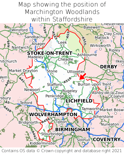 Map showing location of Marchington Woodlands within Staffordshire