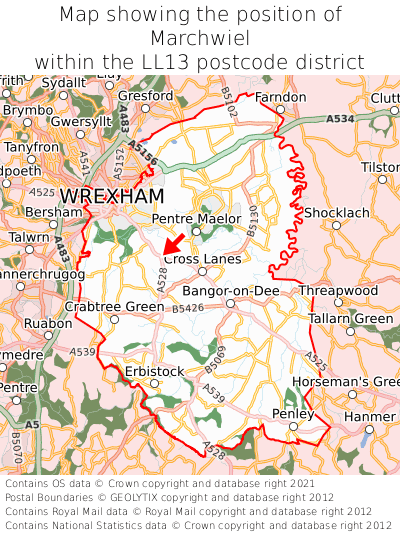 Map showing location of Marchwiel within LL13
