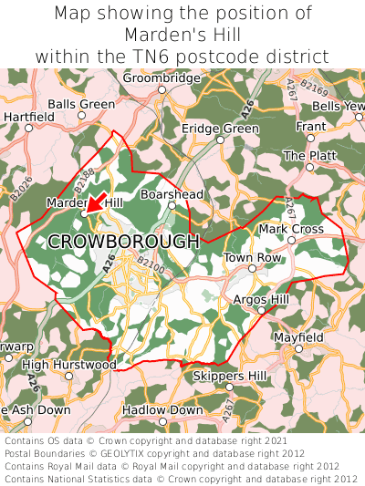 Map showing location of Marden's Hill within TN6