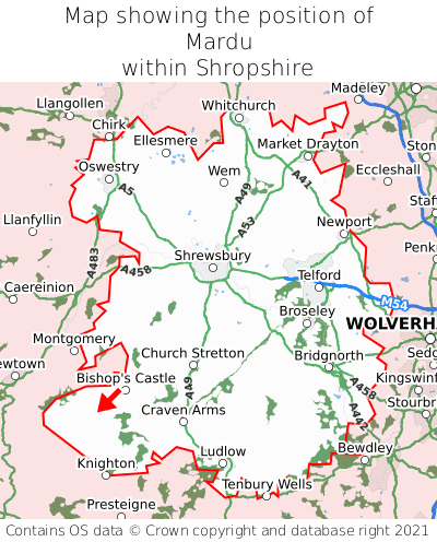 Map showing location of Mardu within Shropshire