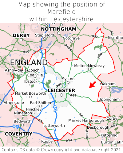 Map showing location of Marefield within Leicestershire