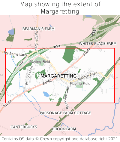 Map showing extent of Margaretting as bounding box