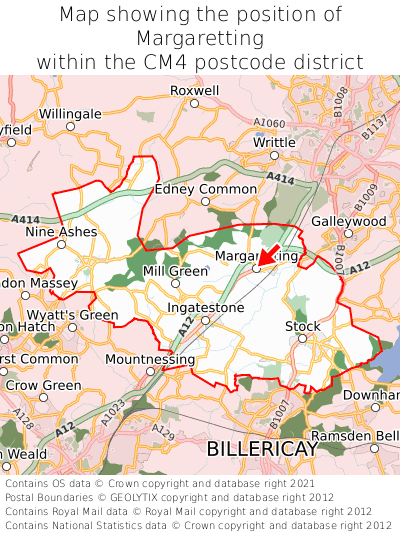 Map showing location of Margaretting within CM4