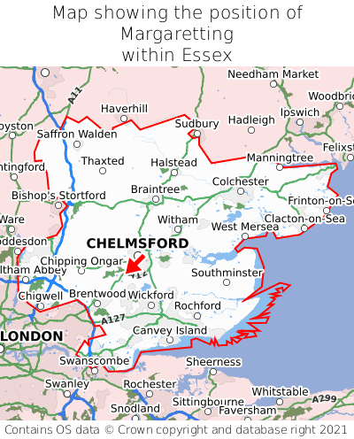 Map showing location of Margaretting within Essex