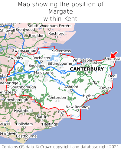 Map showing location of Margate within Kent