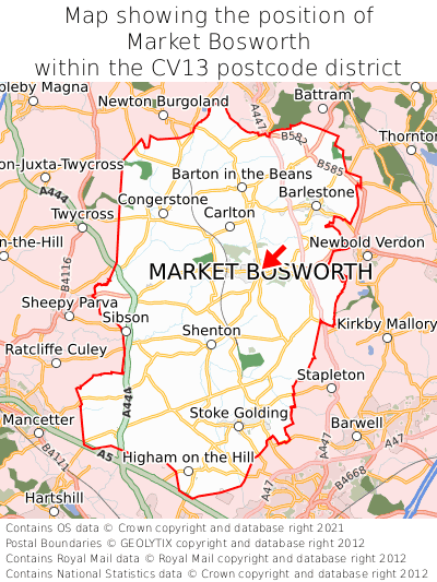 Map showing location of Market Bosworth within CV13