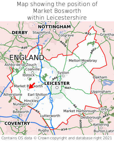 Map showing location of Market Bosworth within Leicestershire
