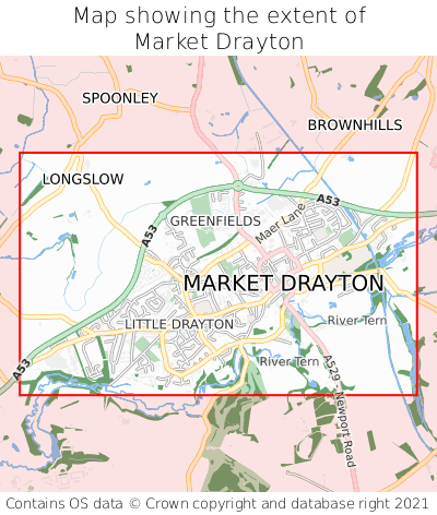 Map showing extent of Market Drayton as bounding box