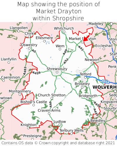 Map showing location of Market Drayton within Shropshire