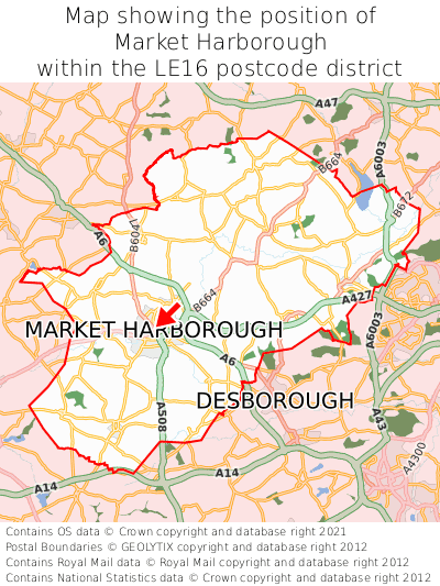 Map showing location of Market Harborough within LE16
