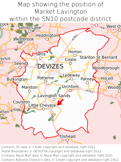 Map showing location of Market Lavington within SN10