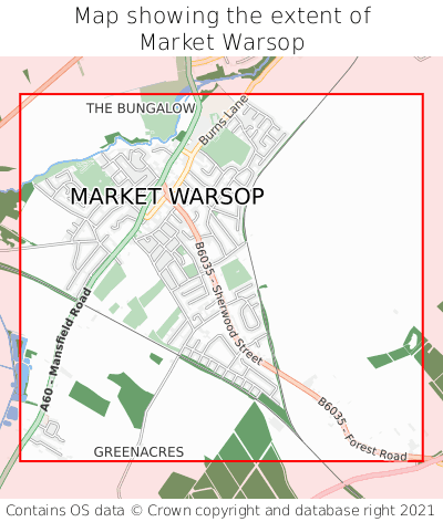 Map showing extent of Market Warsop as bounding box