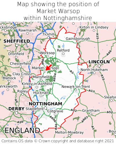 Map showing location of Market Warsop within Nottinghamshire