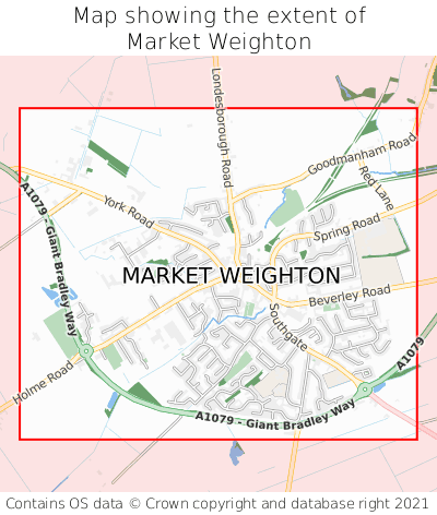 Map showing extent of Market Weighton as bounding box