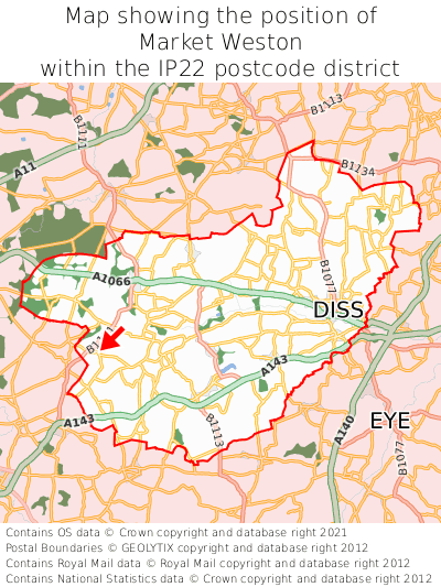 Map showing location of Market Weston within IP22