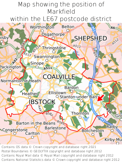 Map showing location of Markfield within LE67