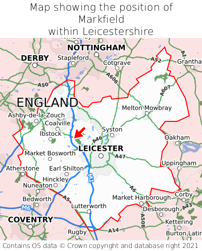 Map showing location of Markfield within Leicestershire