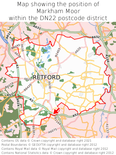Map showing location of Markham Moor within DN22