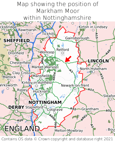 Map showing location of Markham Moor within Nottinghamshire