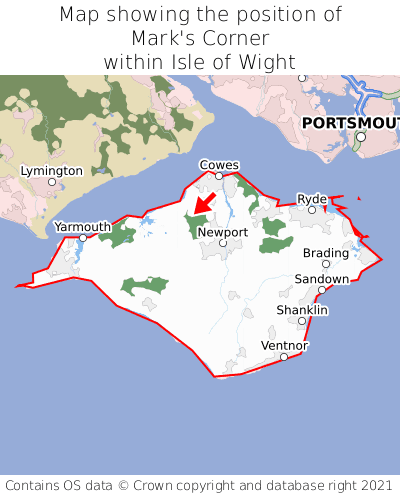 Map showing location of Mark's Corner within Isle of Wight