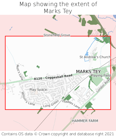 Map showing extent of Marks Tey as bounding box