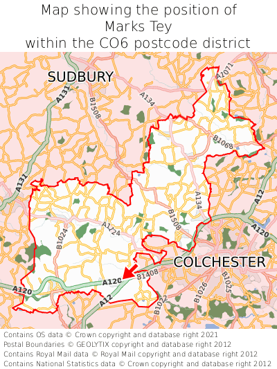 Map showing location of Marks Tey within CO6