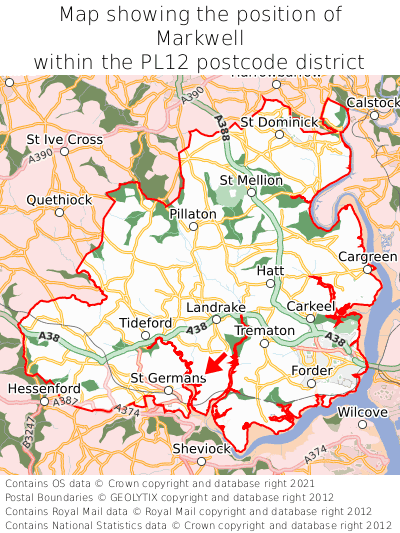 Map showing location of Markwell within PL12