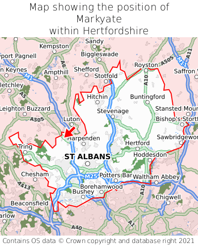 Map showing location of Markyate within Hertfordshire