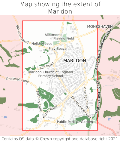 Map showing extent of Marldon as bounding box