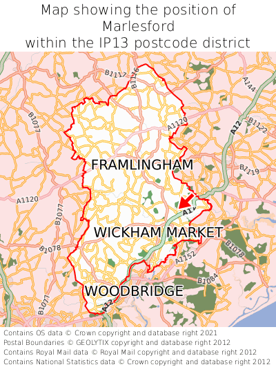 Map showing location of Marlesford within IP13