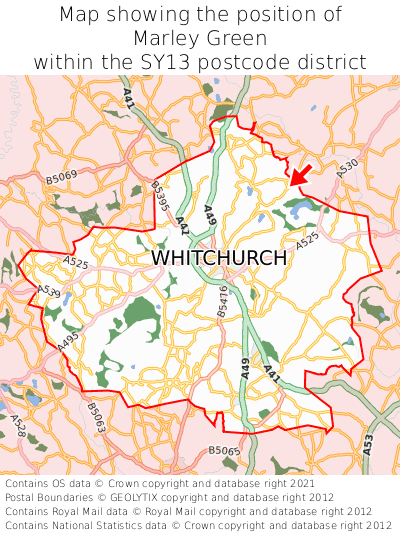 Map showing location of Marley Green within SY13
