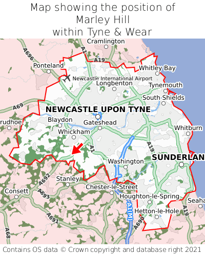 Map showing location of Marley Hill within Tyne & Wear