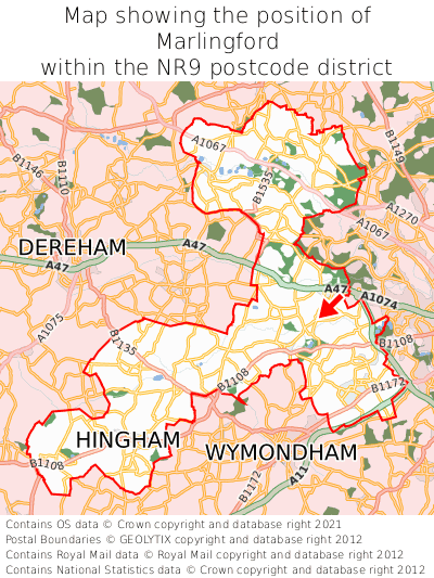 Map showing location of Marlingford within NR9