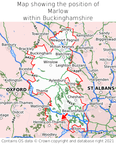 Map showing location of Marlow within Buckinghamshire