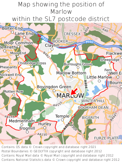 Map showing location of Marlow within SL7