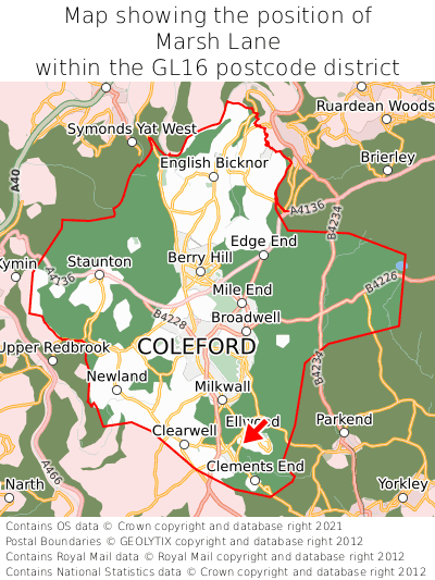 Map showing location of Marsh Lane within GL16